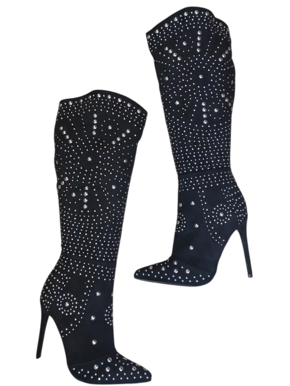 Women's Reita Black Rhinestone Knee-High Western Stiletto Boots Size 7